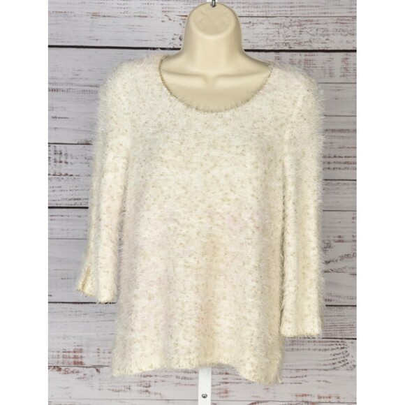 Chico's Ivory/Gold Fuzzy Soft Sweater Chicos Size 0 / US S- 4 - Picture 2 of 3
